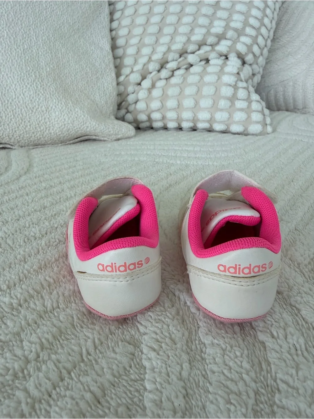 ADIDAS White Sneakers with Pink & Light Pink Stripes- BABY- size 3/6 M